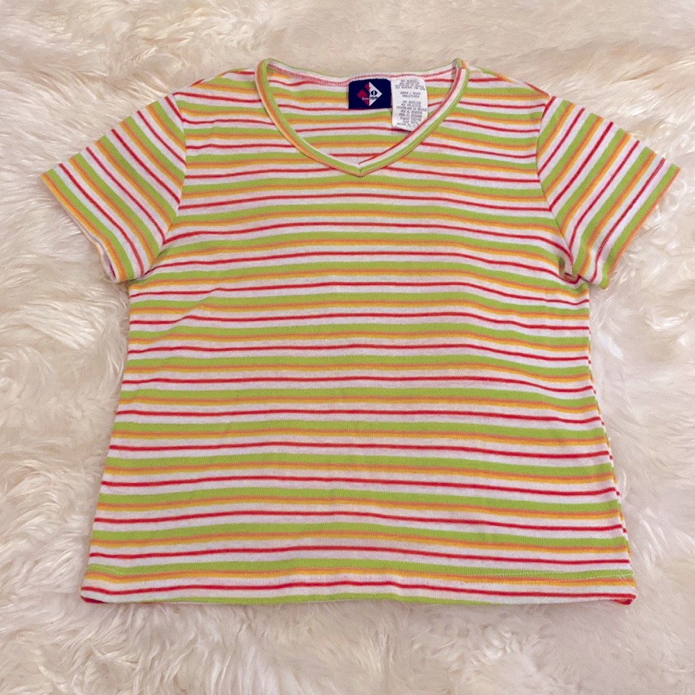 Vintage 90s Orange Green Stripe No Boundaries V Neck Baby T Shirt Top Rave Candy
